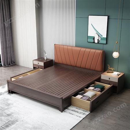 中式轻奢实木床1.8米 小户型家具主卧高箱双人床JJ086
